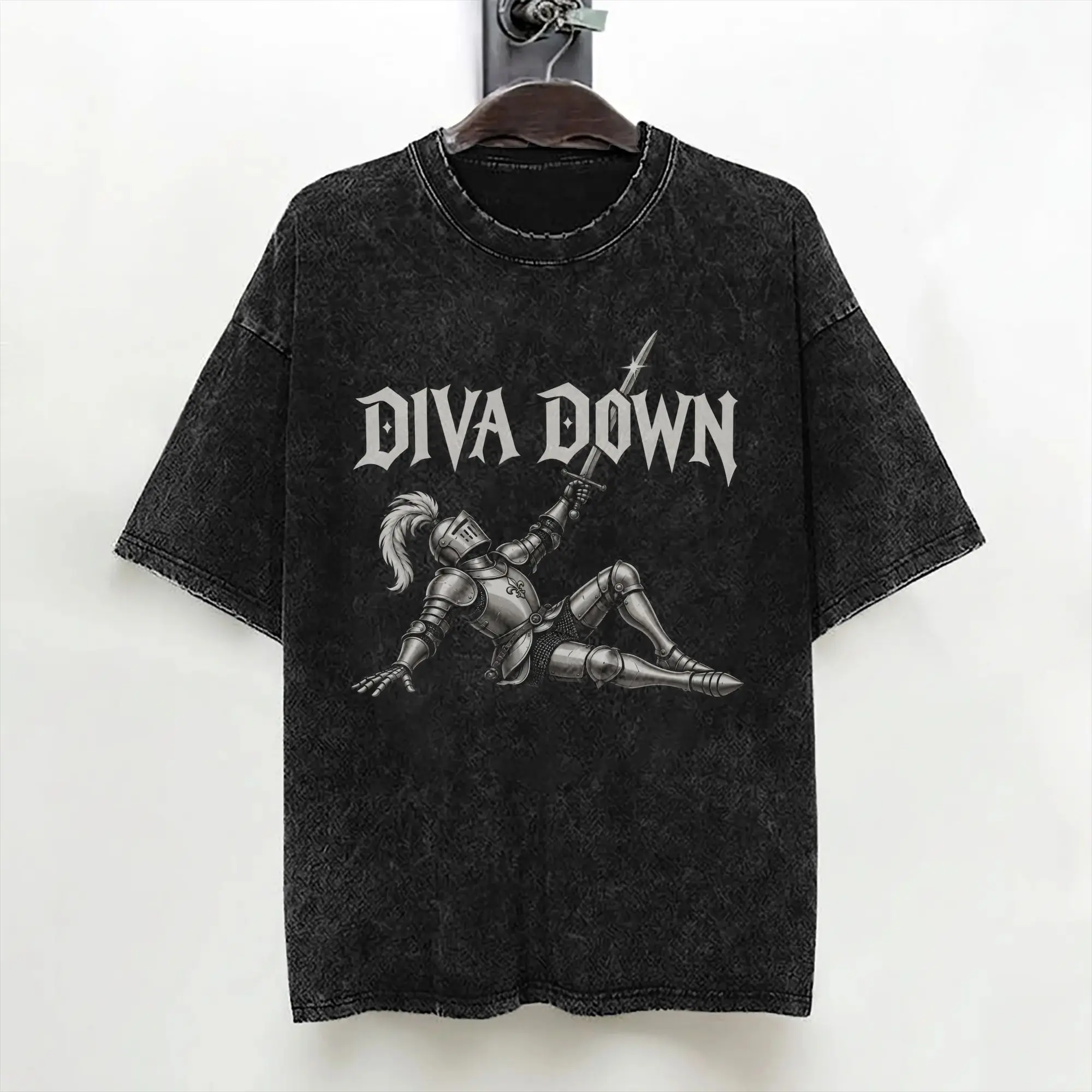 Diva Down Medieval Knight Humor Washed T Shirt Streetwear Hip Hop Vintage T-Shirt Tees Men Women Short Sleeve Oversize Summer