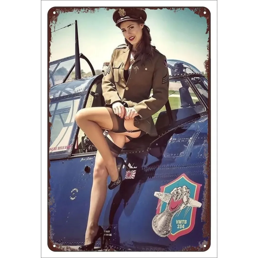 Vintage Military Pinup Girl Metal Poster - Sexy Fighter Plane Art Retro Tin Sign for Wall Decor