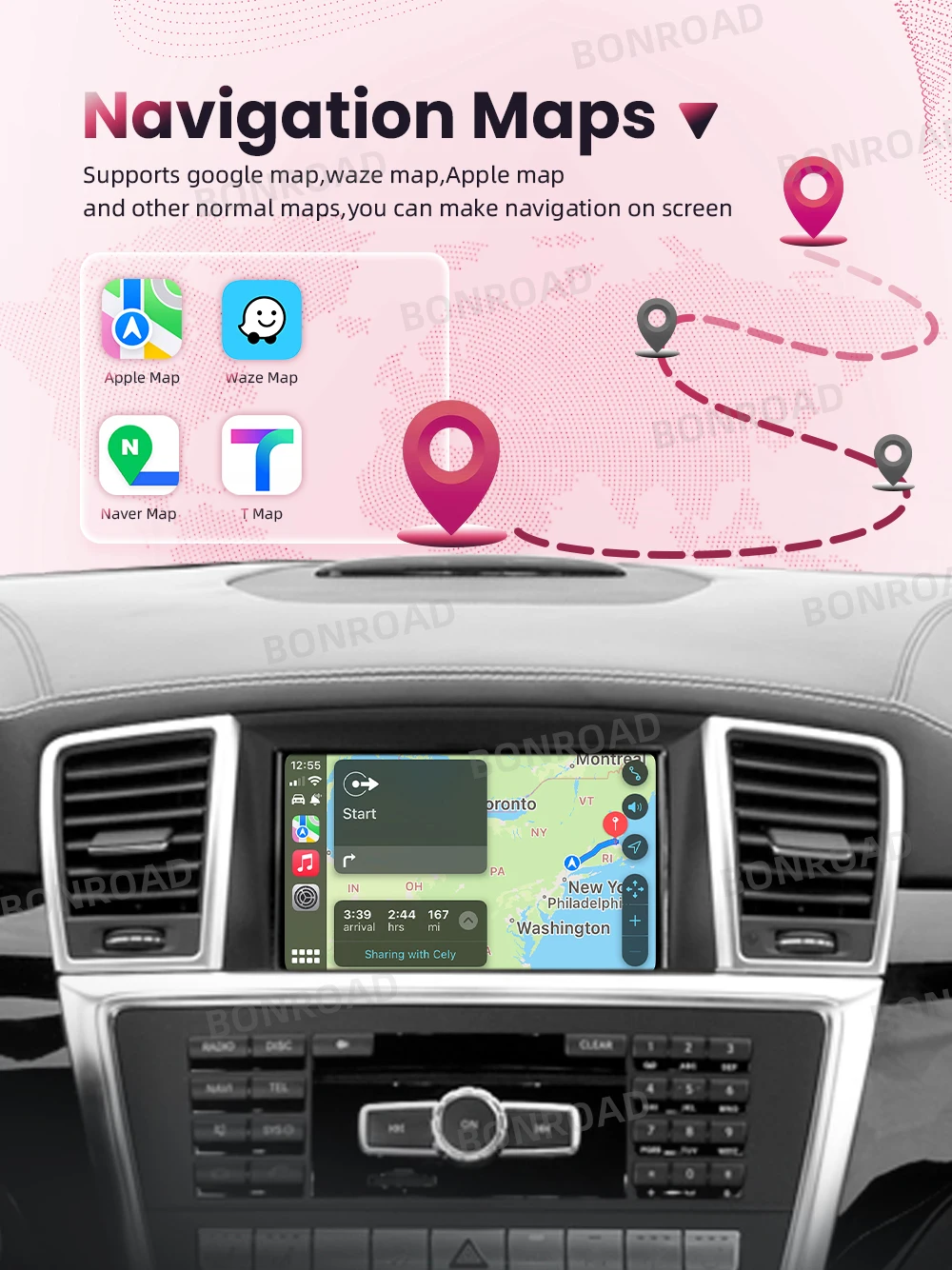 BONROAD Drahtloser CarPlay-Adapter Android-Automodul für Mercedes Benz ML W166 GL X166 2012–2015 NTG4.5 mit Bluetooth Airplay – Detail 7