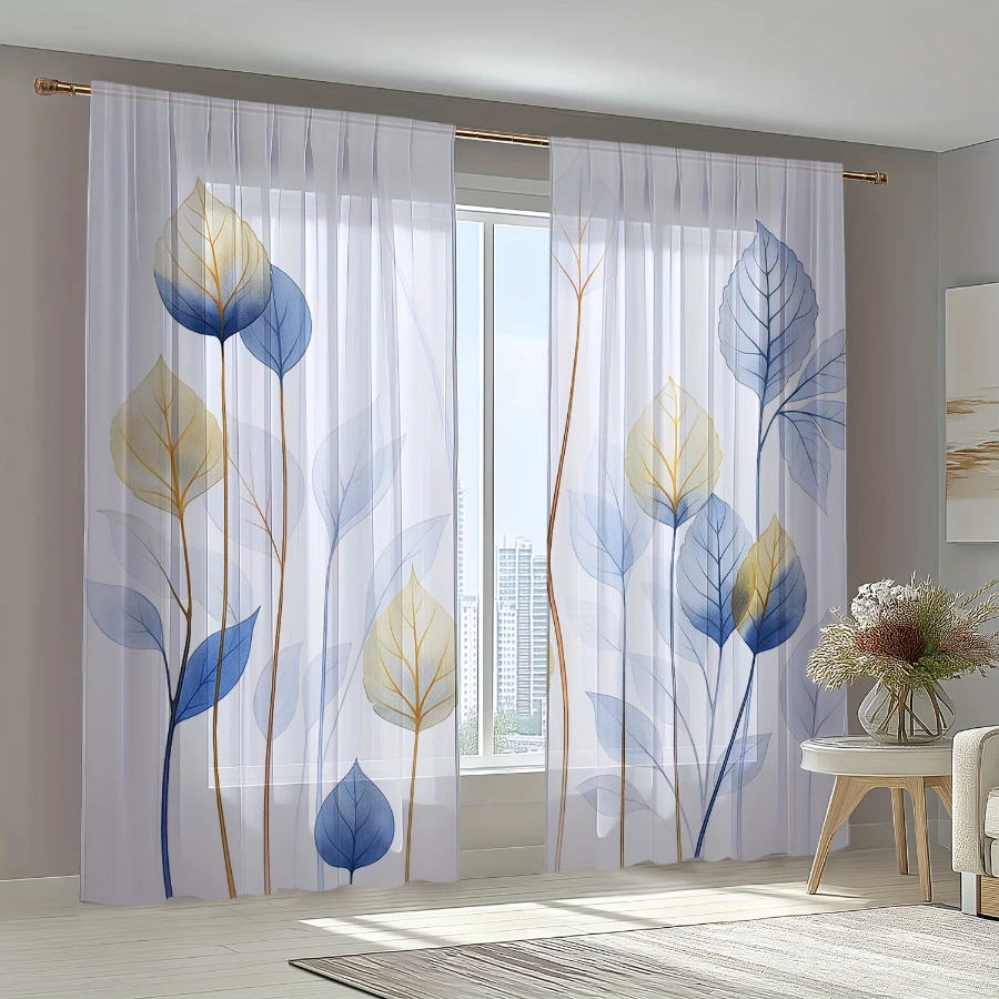 2PCS Digital Print Sheer Curtain, Gradient Blue Gold Branch Leaf, Boho Chic Window Curtains for Living Room Bedroom Decor