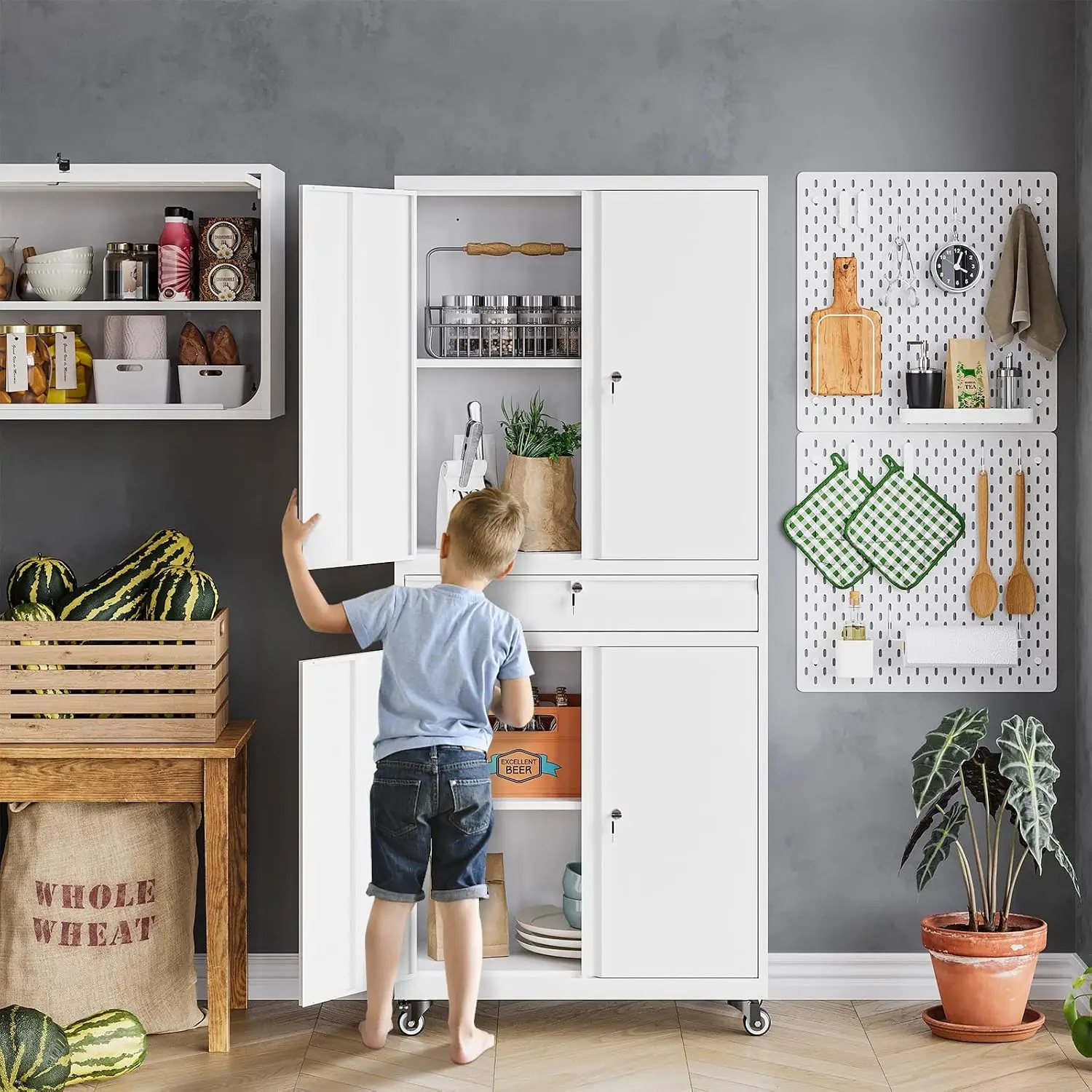 Metal Storage Cabinet with Wheels, Storage Cabinet with Doors and Shelves, Tall Steel Rolling Cabinet for Home Office, Pantry