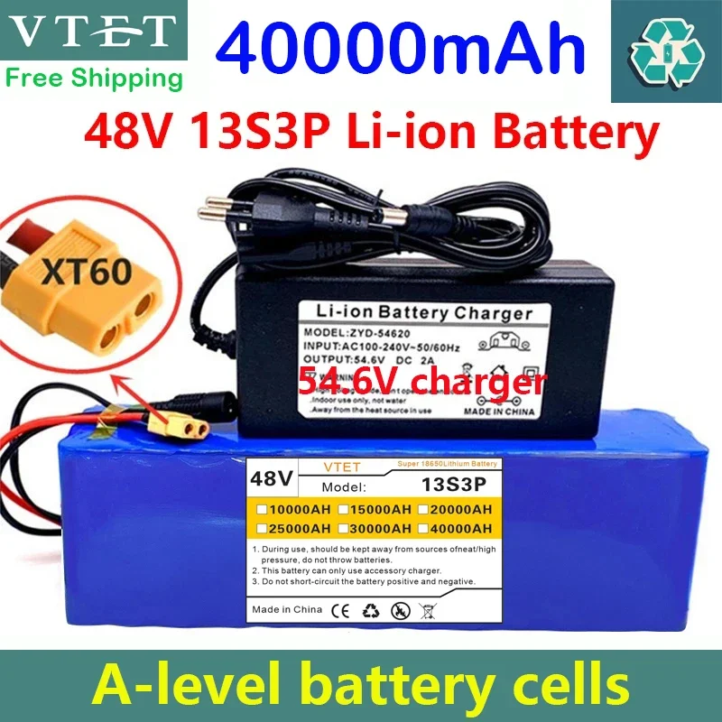 2024 New 48V XT60 13S3P 40000mAh 1000W High Power Li-ion Battery Pack 40AH for E-bike High Quality Battery BMS+54.6V Charger DIY