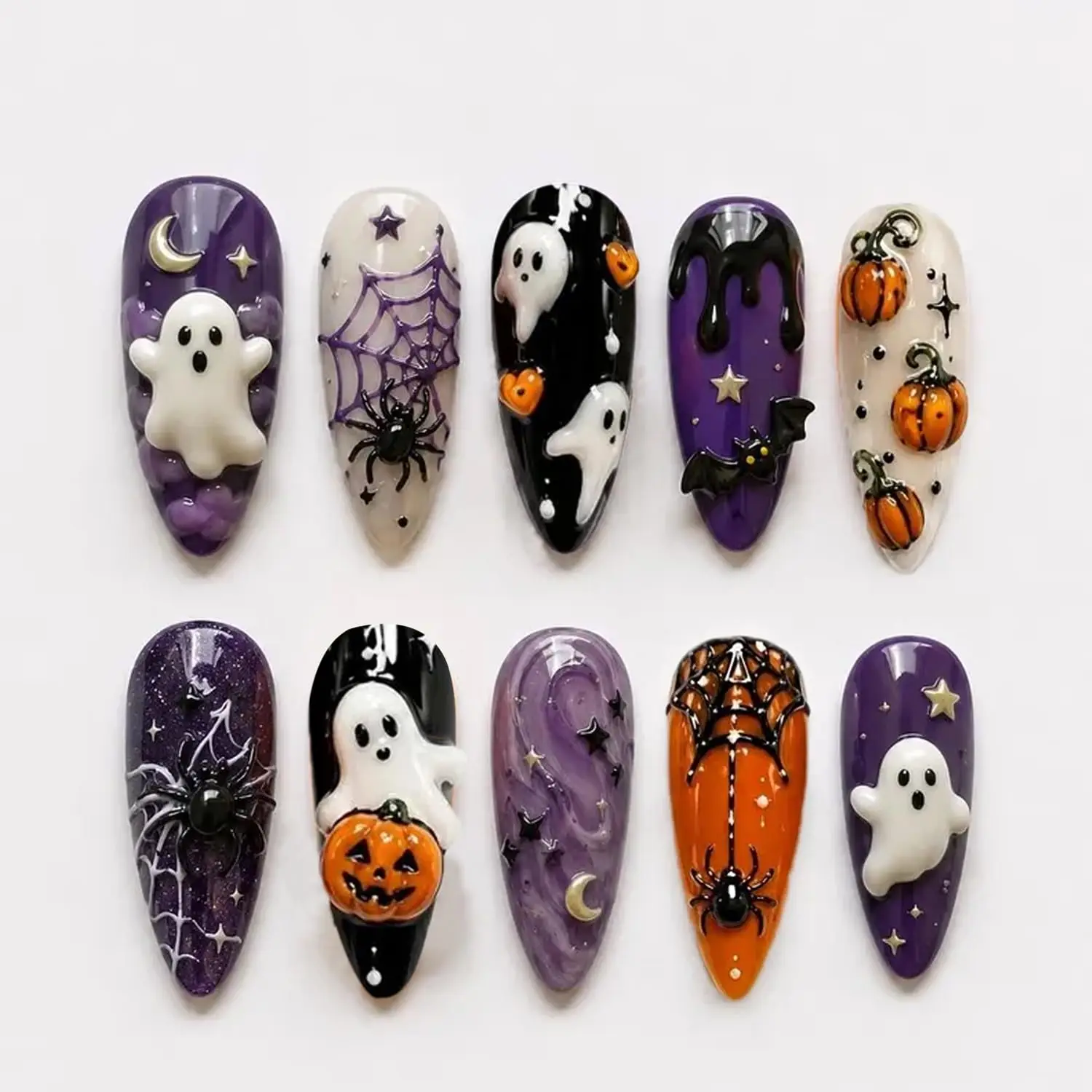 Halloween Press on Nails Halloween Glossy Fake Nails Stars Acrylic Nail Pumpkin Ghost Spiderweb Glue on Nails Halloween Ghost - view 4