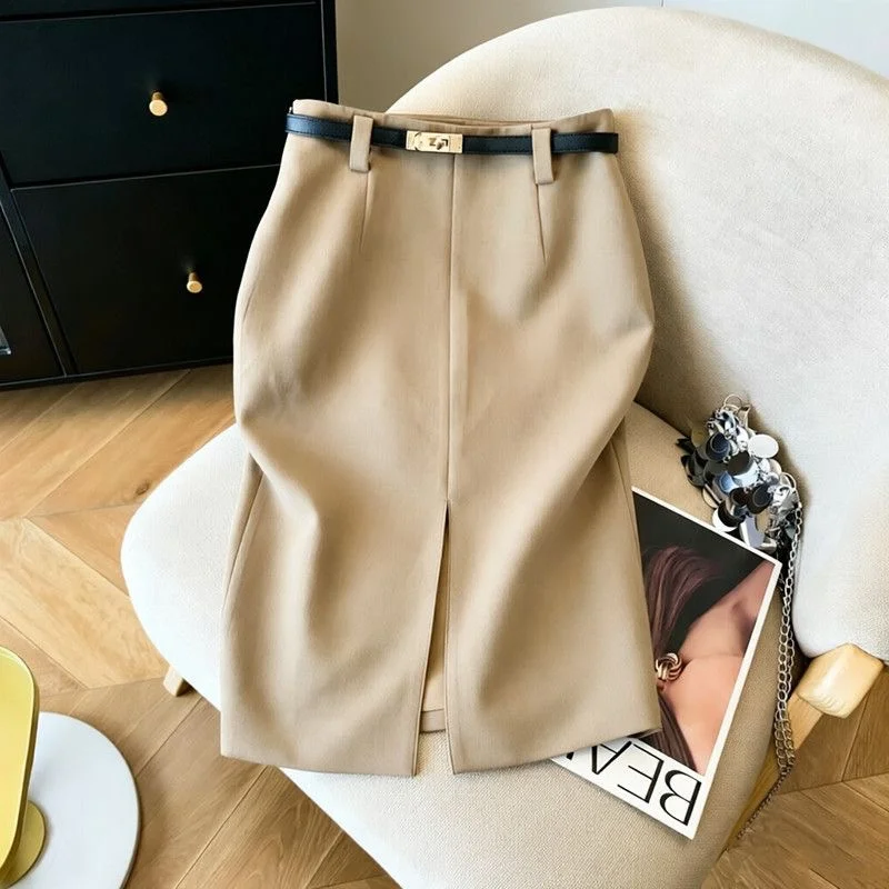 New Arrival Streetwear Khaki Midi Skirts for Women Oversized Luxury Office Work Skirt High Waist Slit Skirt with Belt