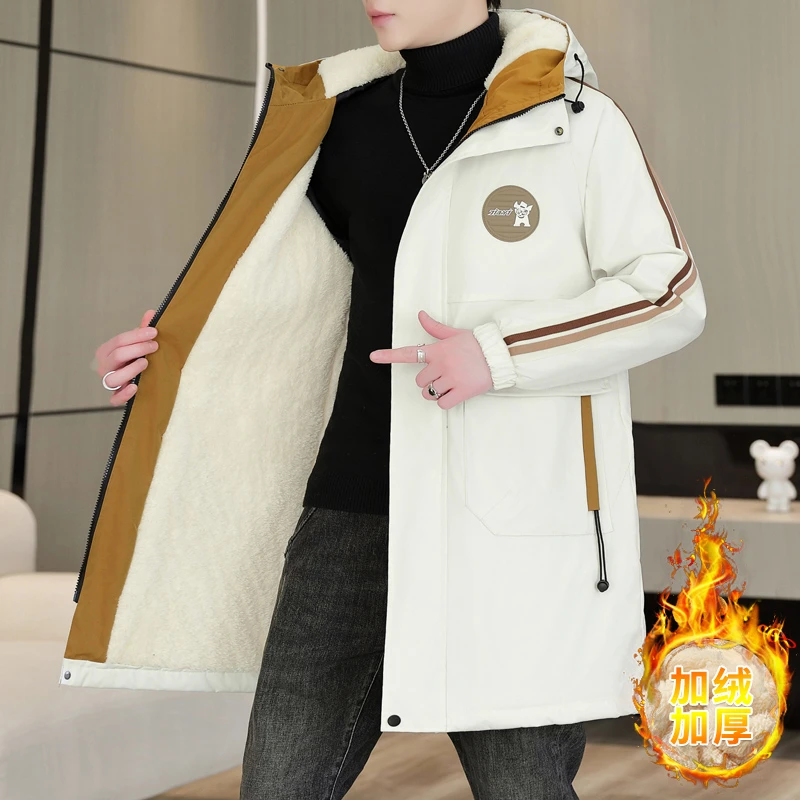 

Зимняя повседневная флисовая куртка 2025 года, мужская ветрозащитная толстая плюшевая куртка средней длины, верхняя одежда со съемным меховым воротником, верхние парки, теплые парки с капюшоном