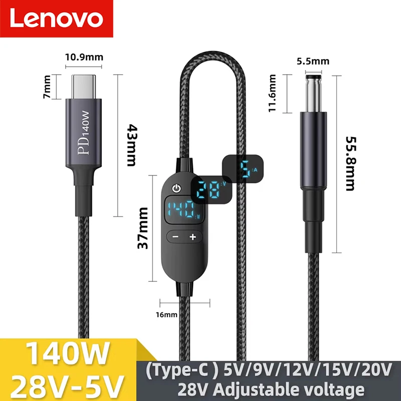 

Кабель питания Lenovo 140W USB-C на DC, регулируемый адаптер напряжения Type-C на 5В, 9В, 12В, 15В, 20В, 28В для ноутбуков и роутеров