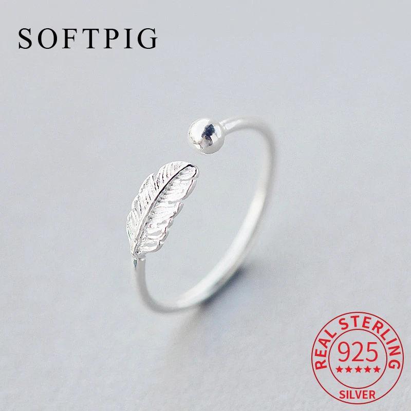 SOFTPIG Authentic 925 Sterling Silver Cute Feather Adjustable Ring Fine Jewelry For Women Party Elegant Accessories