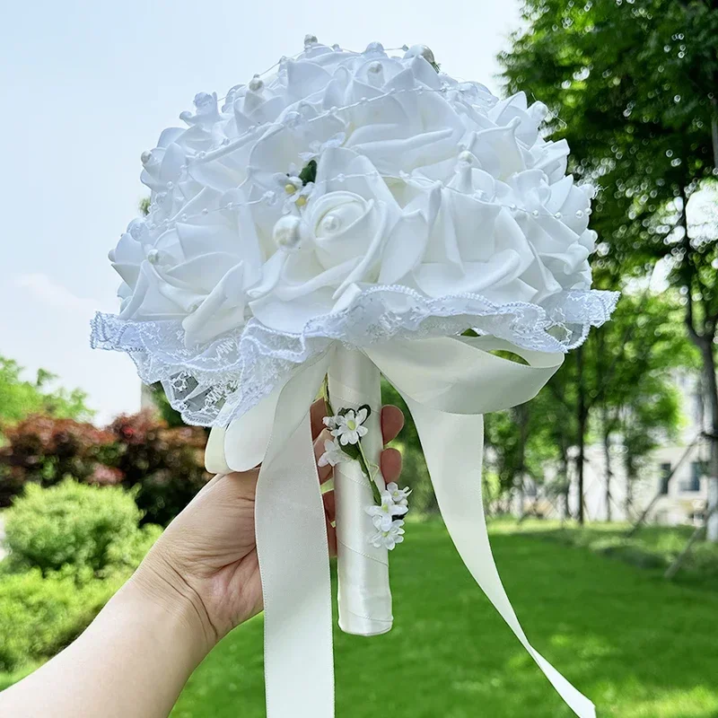 

1PC PE Bridal Rose Hand-held Artificial Flowers, Faux Flowers, Fake Flowers Bead Vine Bridesmaid Bouquet with Love Rhinestone We
