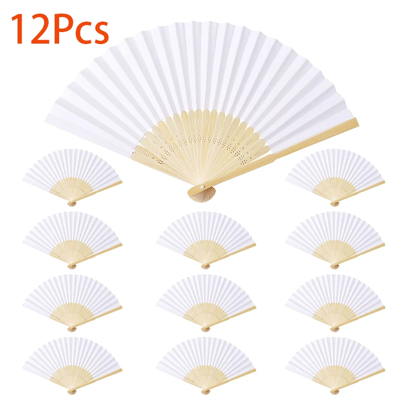 

12Pcs White Paper Fans Held Bamboo Folding Fan Blank Decoration Folded DIY Painting Fan Wedding Party Favors Home Gift