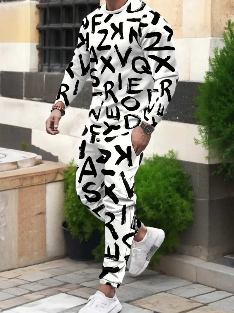 

Популярные мужские футболки с длинным рукавом и брюки, комплект модной мужской спортивной одежды с 3D принтом, мужская одежда, уличный спортивный костюм для бега, комплект из 2 предметов