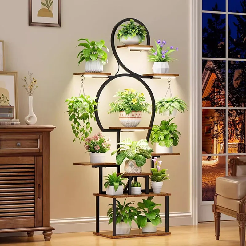 Advanced flower stand with plant lamp Indoor plant stand Multi-layer balcony Living room Pastoral floor-to-ceiling wrought iron