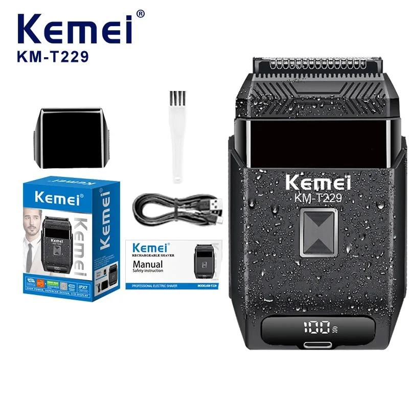

Электробритва Kemei T229: Профессиональная перезаряжаемая водонепроницаемая бритва IPX7 для мужчин, триммер для бороды, для путешествий