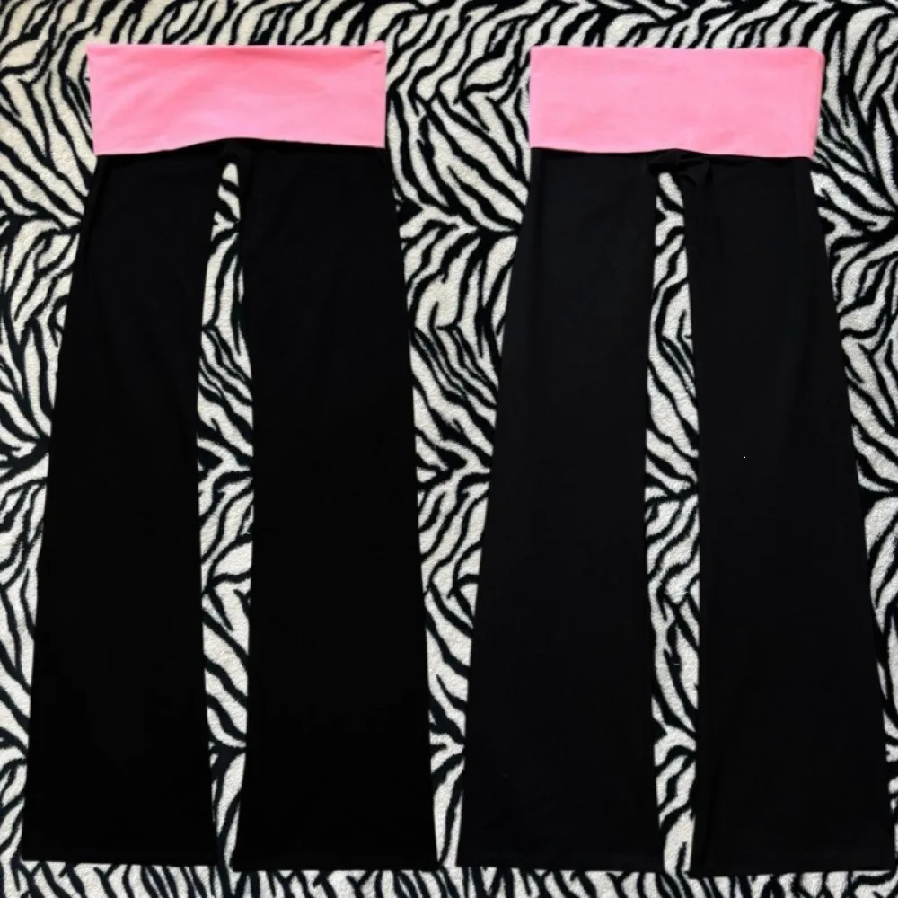 Women Y2K Fold Over Waist Flare Pants Pink Black Color Block High Waist Slim Stretch Streetwear Bootcut Trousers