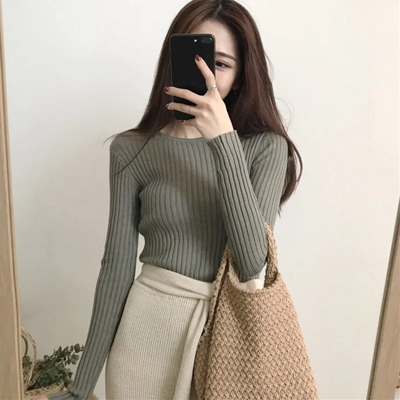 Fashion Women Sweater Autumn Ribbed Knitted V-Neck Long Sleeve Solid Color Sexy Slim Tops