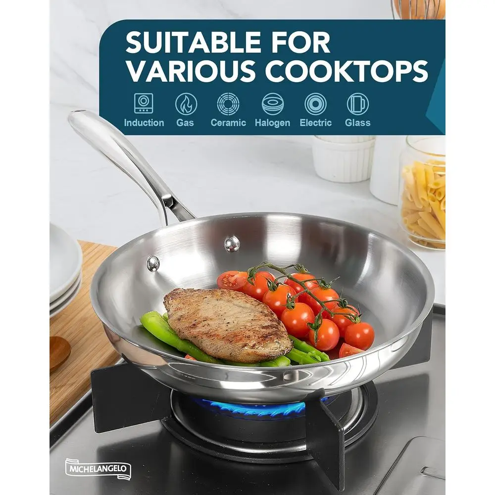 Juego de sartenes para freír de acero inoxidable de triple capa, 8, 9,5 y 11 tamaños, mango ergonómico, listo para inducción