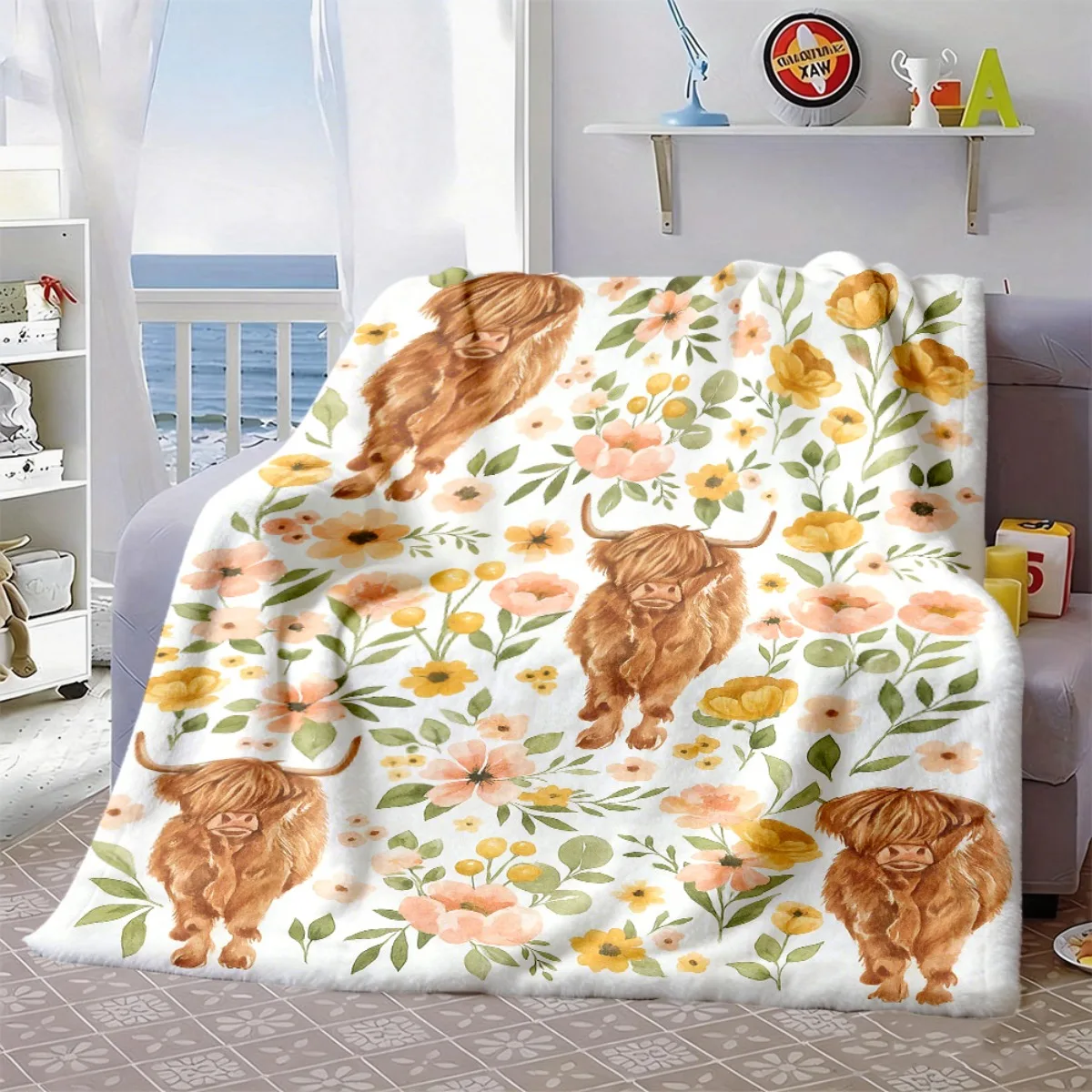 Floral Highland Cow Watercolor Flannel Blanket, Cute Farm Cattle Art Throw for Living Room Bedroom & Warm Holiday Gift Picks