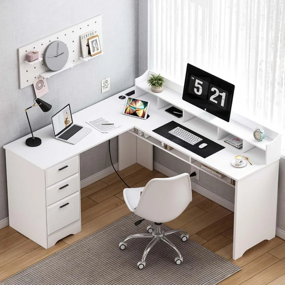 

White L Shaped Desk with 3 Drawers, 60 inch Corner Desk with Moveable Hutch and Power Outlet, Large Home Office Corner Computer