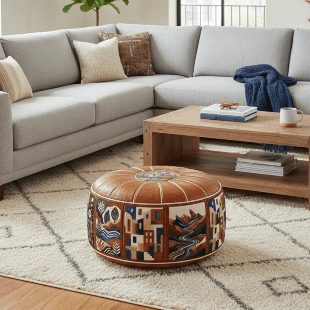 PU Leather Oil Painting Pattern Stool Cover Waterproof Large Capacity Pouf Cover Unfilled Round Floor Seat Cushion Bedroom