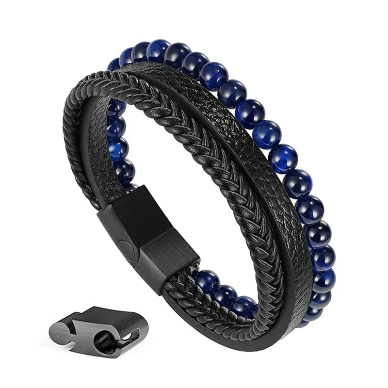 Fashion Tiger Eye Stone Beaded Bracelet Hand Woven Multi-layer Leather Bangle Versatile Domineering Jewelry Accessory for Men