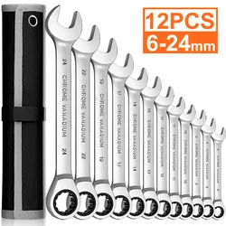 Ratschen-kombinationsschlüssel Set,Standard Metric Ratsche Kombination Schraubenschlüssel CR-V Getriebe Ring Spanner Set Auto Reparatur Werkzeuge Schlüssel Set