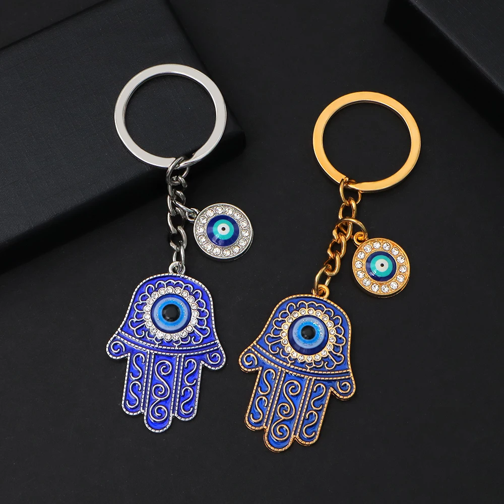 Turkish Devil Eye Keychains for Women Men Rhinestone Hamsa Hand Keyrings Fashion Bag Car Airpods Box Key Accessories Gift