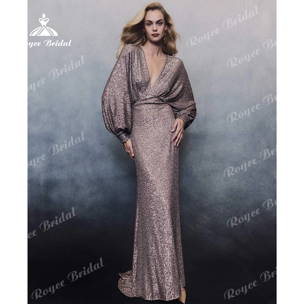 

Roycebridal V Neck Sequin Prom Dresses 2026 Mermaid Backless Evening Dresses Long Sleeve Elegant Formal Dress Customized