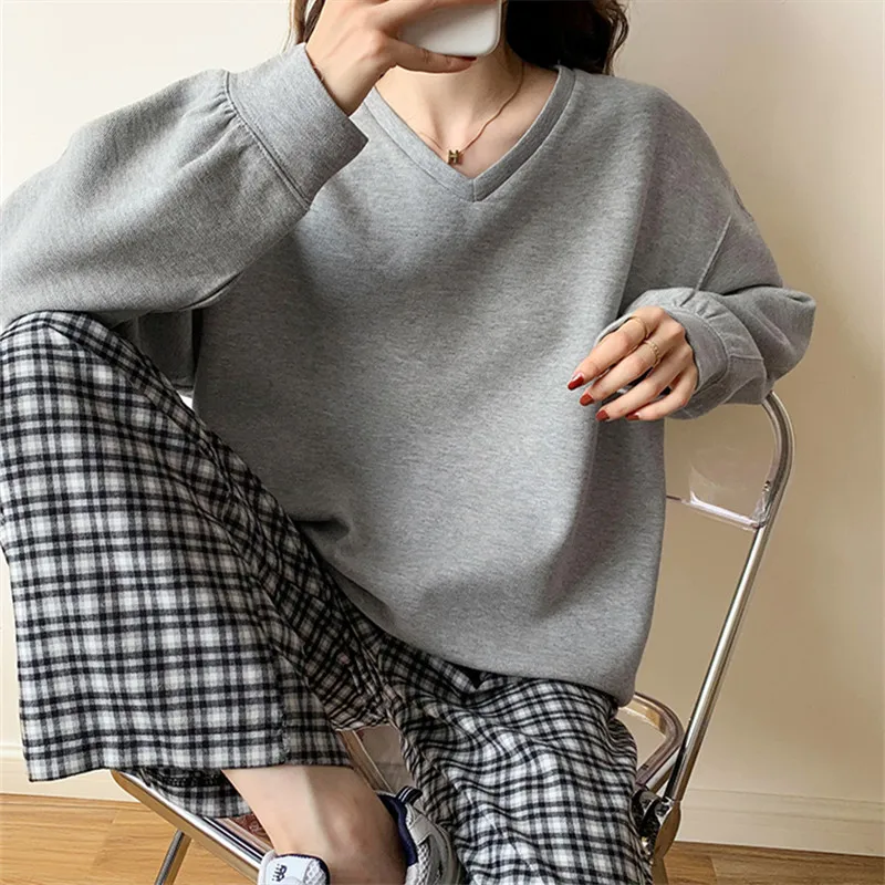 Women's Patchwork V-neck Casual Loose Autumn Fashionable Sweatshirt 2024 New Solid Color Ladies Winter Pullovers Tops Female Ins