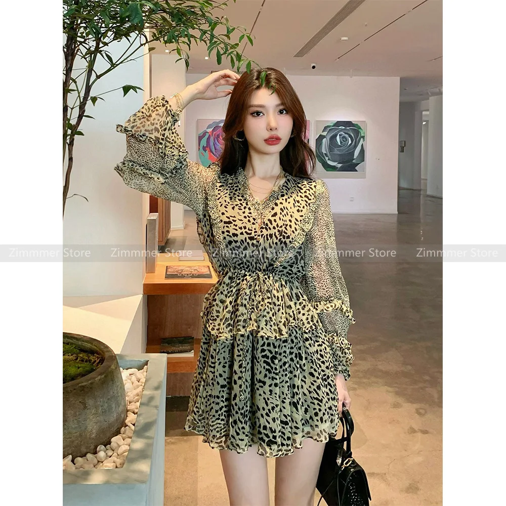 Retro V-neck drawstring leopard print waist lantern sleeve ruffled dress short dress 2024 early autumn new