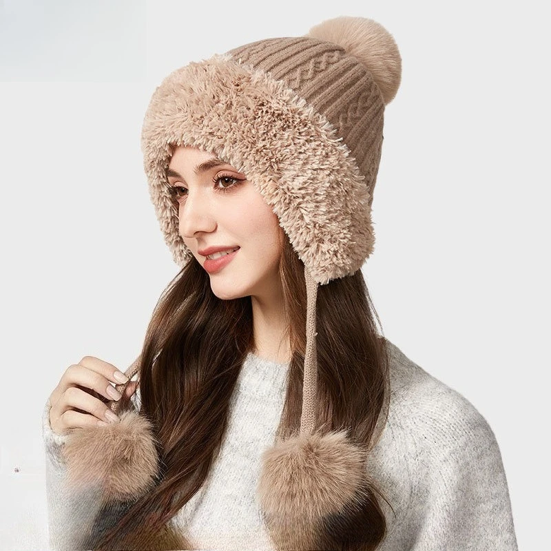 Fashion New Temu Winter New Thickened Ear Protectors Knitted Hat Outdoor Windproof Velvet Three-hair Ball Tether Warm Hat