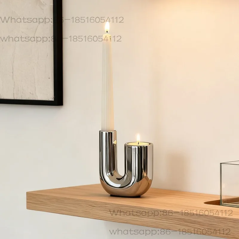 Modern simple light luxury silver ceramic candle holder ornament, dining table small candle holder home desktop soft decoration