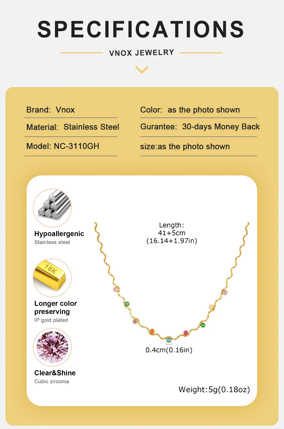 Vnox Trendige Vergoldete Bunte Zirkonia-Wellenkette für Damen, Exquisite Edelstahl-Schlüsselbeinkette, Bohemian-Schmuck – Detail 4