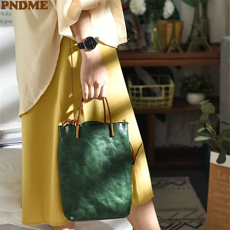 Fashion Vintage Natural Genuine Leather Women's Tote Bag Luxury Real Cowhide Shoulder Bag Simple Multifunctional Green Handbag