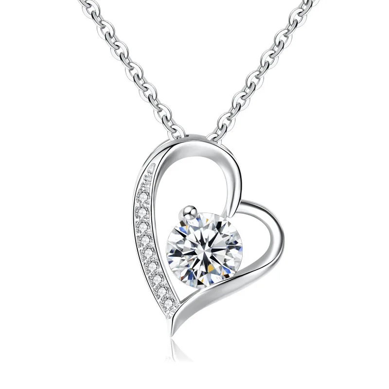 

Simple Fashion Women's Necklace 925 Sterling Silver Cubic Zirconia Heart Pendant Rhodium Plated Trendy for Engagement Wedding