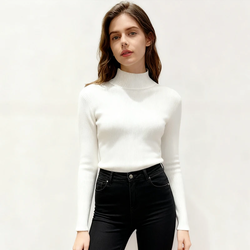 캐주얼 단색 슬림핏 이너 니트웨어 신상 겨울 여성용 긴팔 목폴라 스웨터 패션 여성용 따뜻한 니트 탑15
