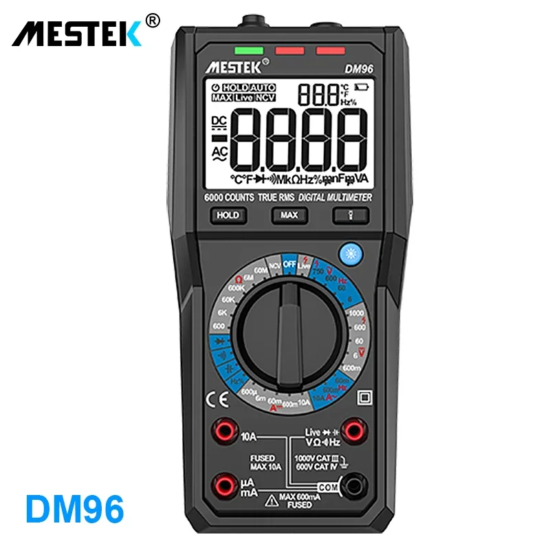 

Цифровой мультиметр MESTEK TRMS, большой ампервольтметр с автоматическим выбором диапазона, быстрым и точным измерением напряжения в реальном времени, 1000 В, 10 А, переменный/постоянный ток, Ом, Гц, Бесконтактный индикатор напряжения