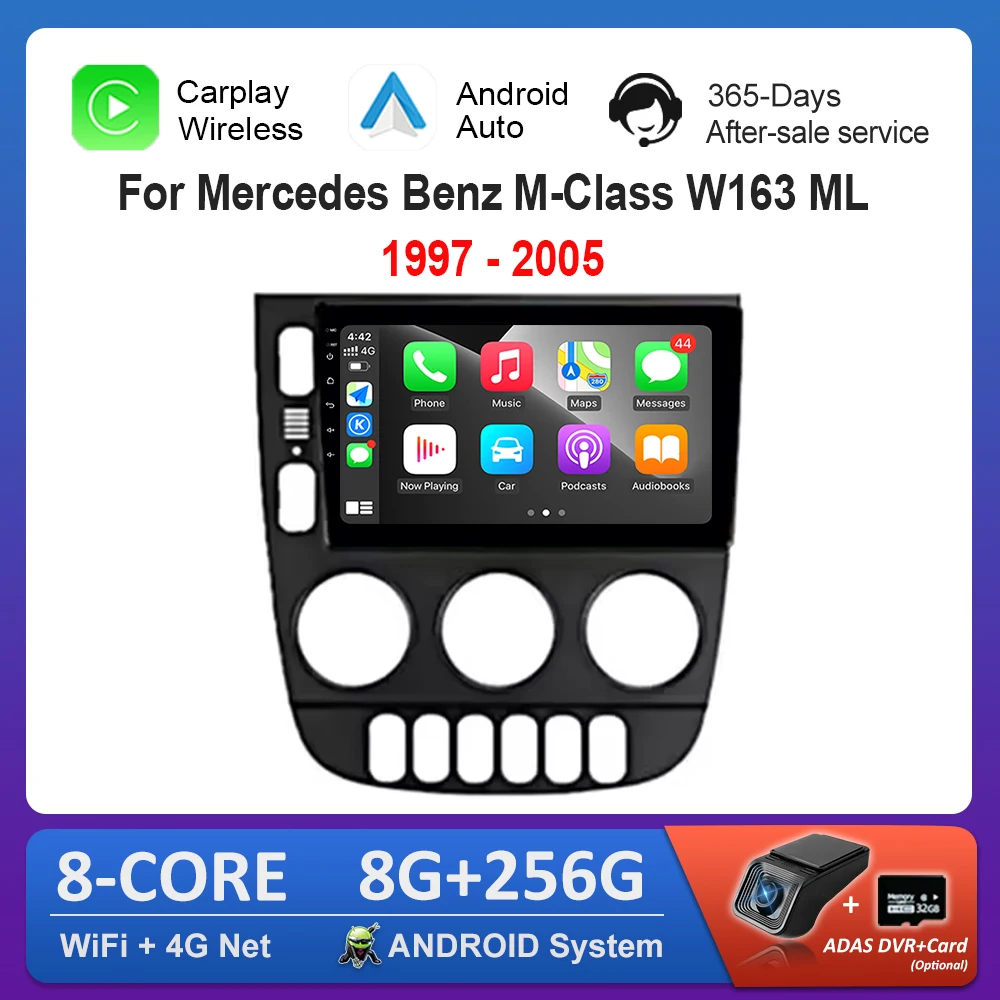 Autoradio Android 9, GPS, Écran HD 4G, DSP, WiFi, Stéréo, Lecteur pour Voiture Mercedes Benz Classe M W163 ML (1997-2005)