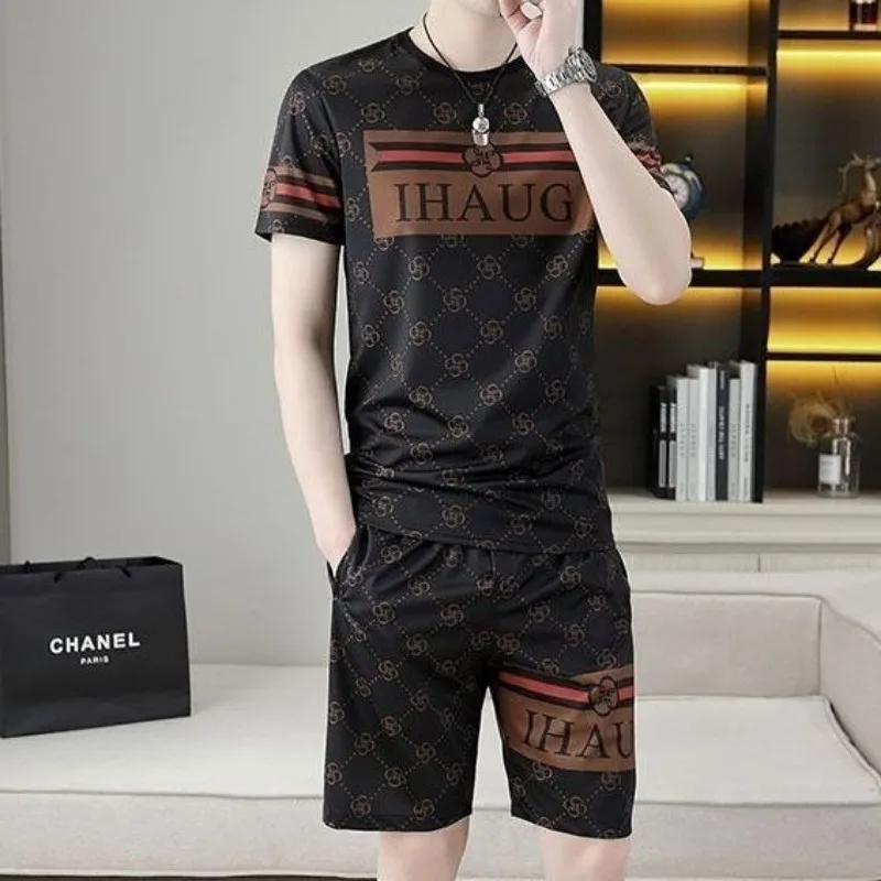 Men's Clothing Summer high quality Fashion Brand Printed Short T-Shirts Thin Casual Handsome All-match 2-piece Sets