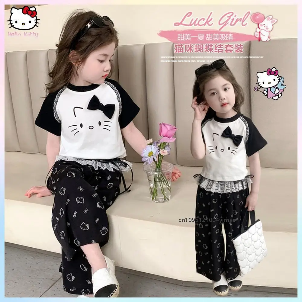 

Детская футболка с героями мультфильмов, комплект брюк, аниме Sanrios Hello Kitty Kawaii, модные повседневные тонкие стильные кружевные широкие брюки с короткими рукавами
