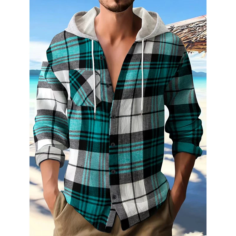 Men's Spring Autumn Flannel Plaid Shirts Hooded Street Long Sleeve Pocket High Quality Male Shirt Hoodies Cardigan Clothing Tops