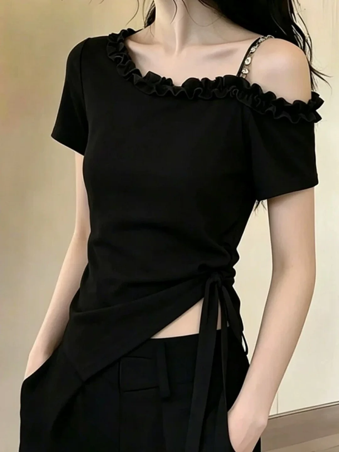 Sexy Spicy Short Sleeve Shoulder Bared T Shirt Women's Design Slit Waist Short Black Top Combed Cotton Polyester Blend Summer...