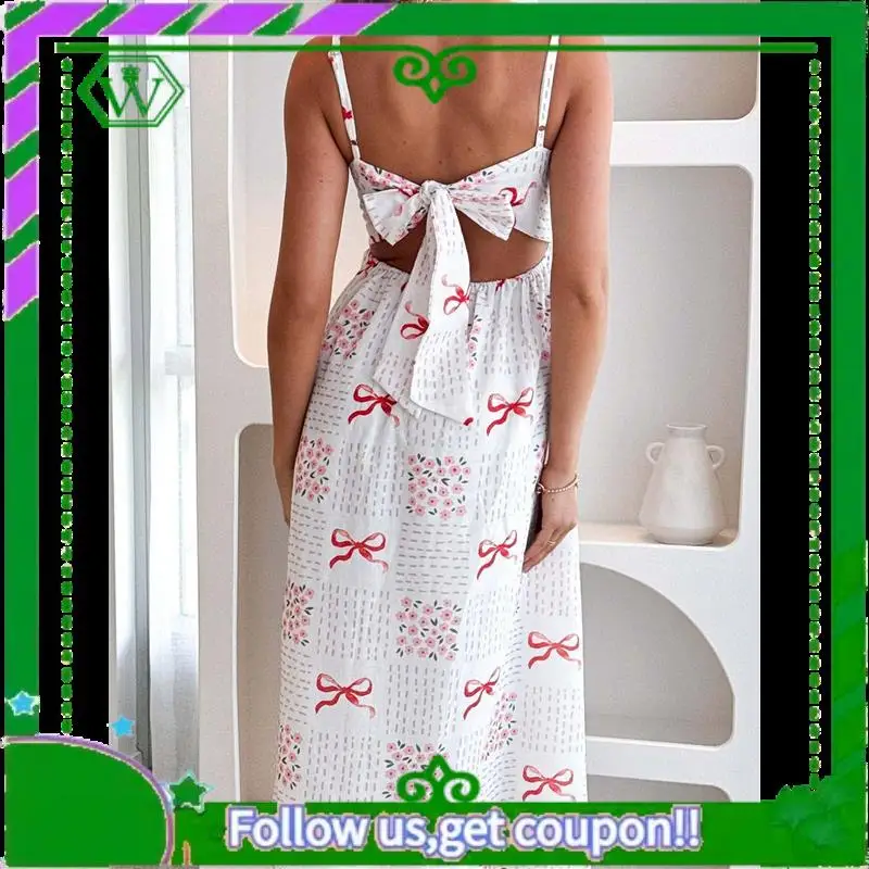 A18P-Vestito lungo estivo da donna 2025, abito lungo da spiaggia Boho con smock floreale senza maniche
