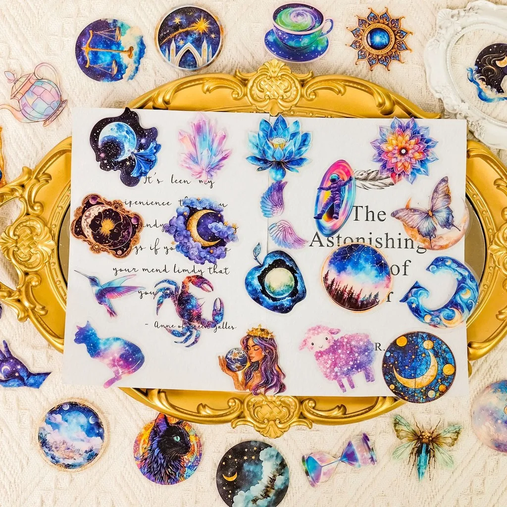 50Pcs Starry Sky Series PET Stickers-Waterproof Decals with Non-Repetitive Starry Sky Lambs Golden Memory Stickers Store