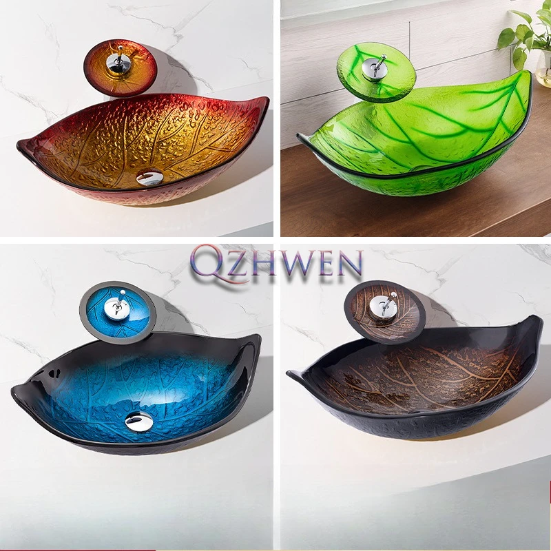 BW09-178 البني بالوعة الحمام ورقة شكل الزجاج مغسلة فندق الرجعية الديكور كونترتوب الفن حوض المنزل خزانة حمام بالوعة #4