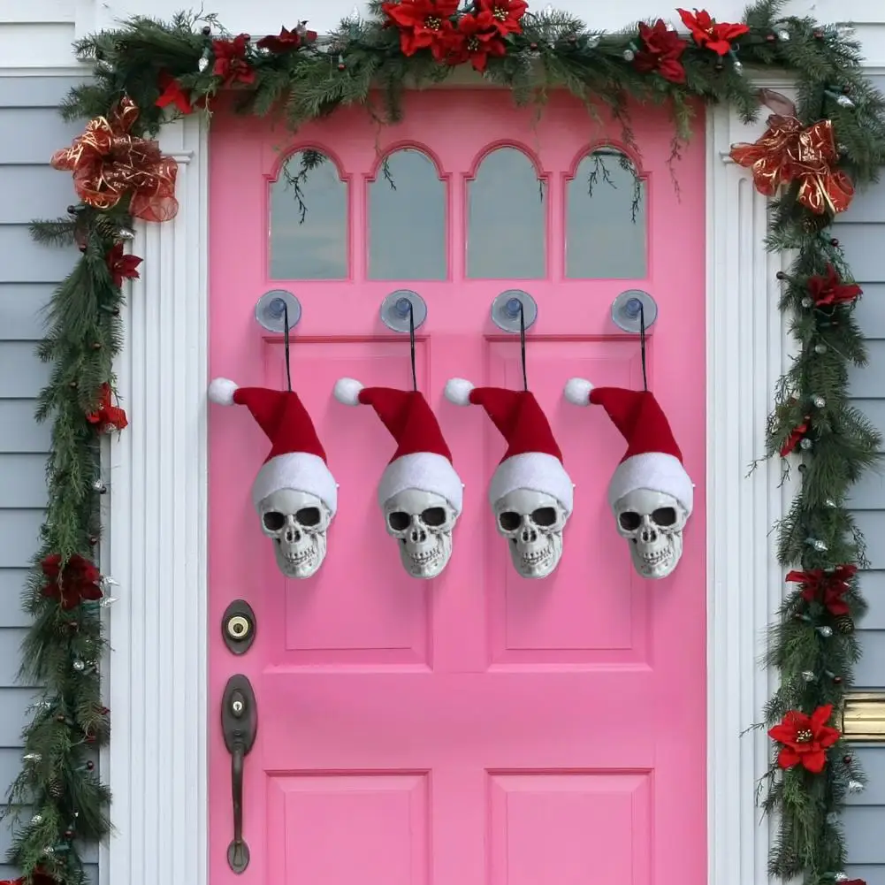Mini Plastic Skeletons Hanging Skull Ornaments Halloween Skull Santa Hat Ornaments for Xmas Tree Decor Small Plastic for Holiday