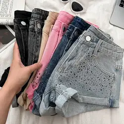 Calções jeans de cintura alta para mulheres, calças de perna larga enroladas, diamante quente design, fino, retrô, novo, 24