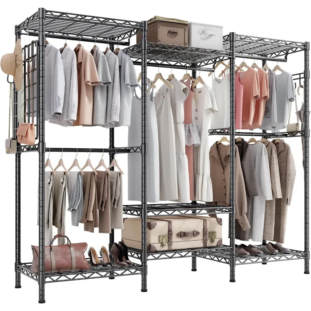 Clothes Rack Heavy Duty Clothing Rack for Hanging Clothes 1600LBS Freestanding Garment Rack with 5 Hang Rods, Side Mesh Board &