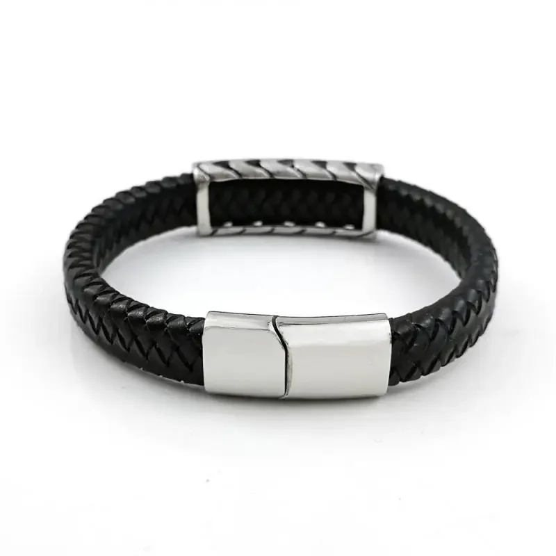 Vintage Hand Woven Letter V Shape Leather Bracelet for Men Fashion Metal Magnetic Clasp Jewelry Accessories