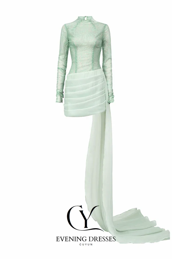 Cuyun mini vestidos de baile vestido de festa hortelã verde mini mangas compridas vestido de festa feminino renda personalizado vestido de noite curto com trem