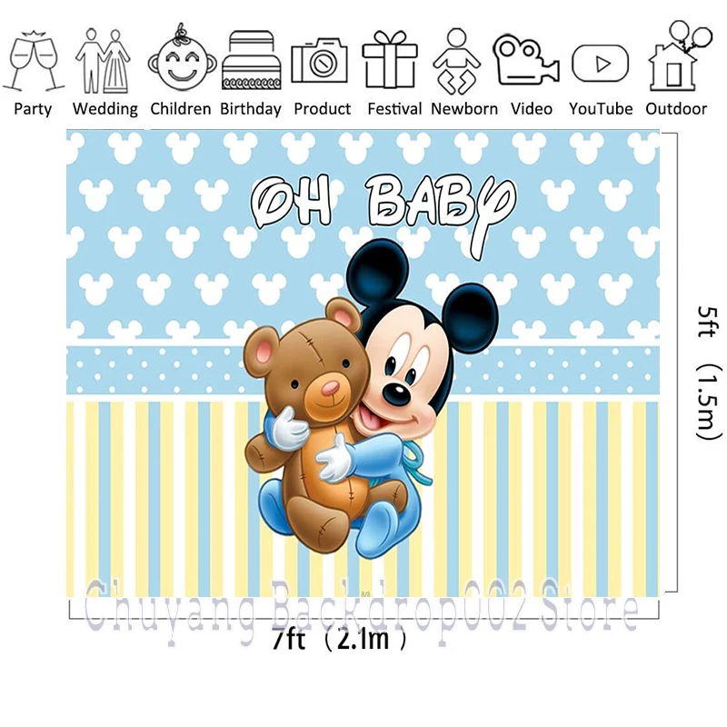 Disney Cartoon Custom Yellow Oh Baby Mickey Mouse Head Birthday Backdrop 1st Baby Birthday Decoration Vinyl Baby Shower for Boy