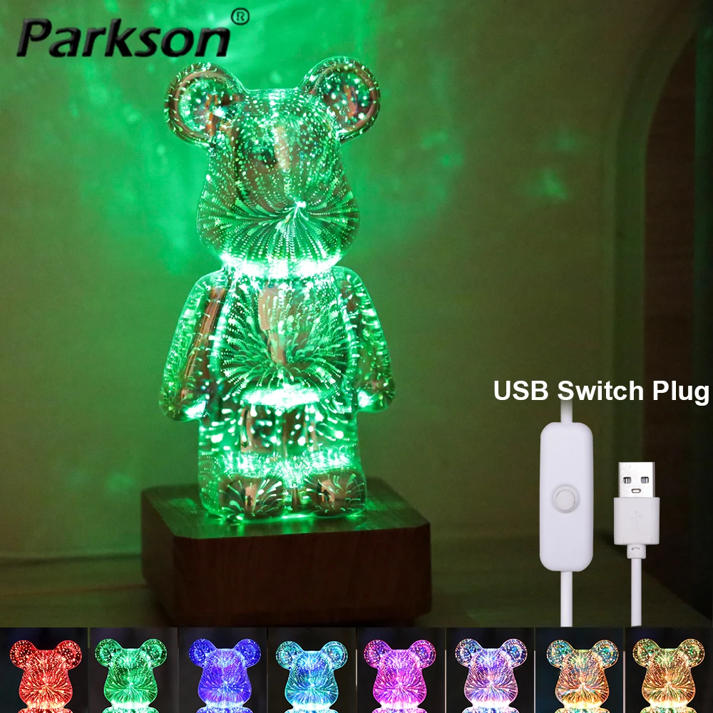 3D LED Fireworks Lamp Bear Night Light USB Dimmable Projector Colorful Atmosphere Living Room Bedroom Table Decora Lighting Gift